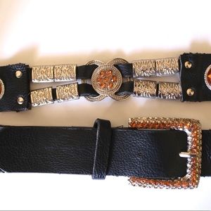 Black leather belt with Amber colored rhinestones